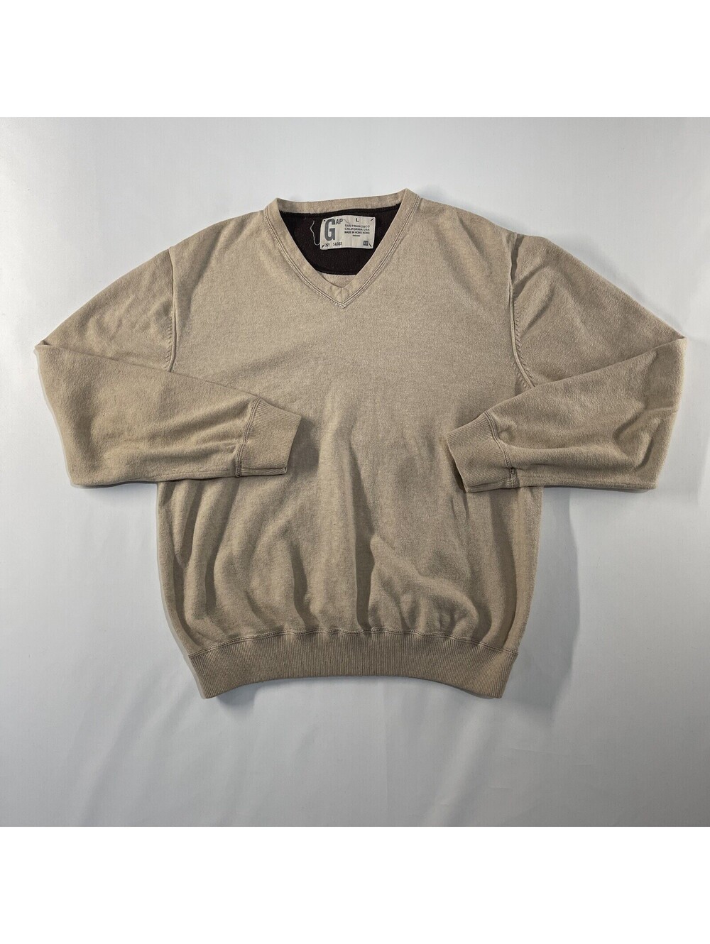 VTG GAP Men's Cashmere Blend Sweater Large V Neck Tan Brown Pullover 90s Y2K